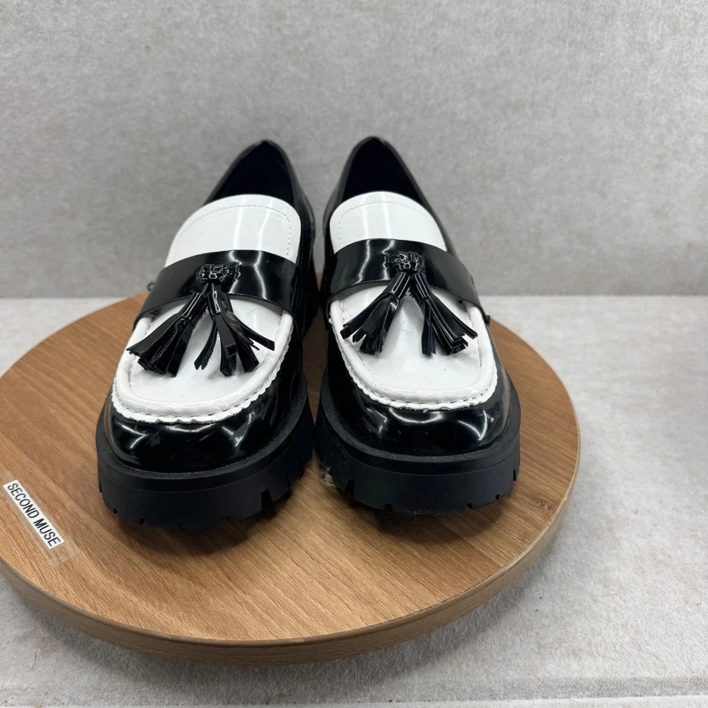 Nine West Garry Platform Loafers 7.5 Black White Tassel Lug Sole Academia Preppy - Picture 2 of 10